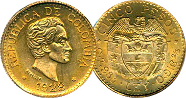 Colombia 5 and 10 Pesos 1919 to 1930