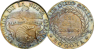 Colombia (Nueva Granada) 2 and 8 Reales (Dinero) 1839 to 1849