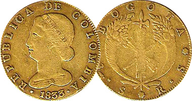 Colombia 1, 2, 4, and 8 Escudos 1822 to 1838