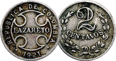 Colombia Lazareto (Leper Colony) Leprosarium 1, 2, 2 1/2, 5, 10, 20 and 50 Centavos 1901 to 1928
