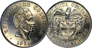 Colombia 10, 20, and 50 Centavos 1911 to 1951