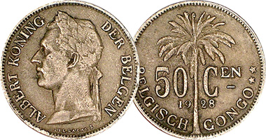 Congo (Belgian) 50 Centimes and 1 Franc 1921 to 1930