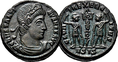 Ancient Rome Constantine Follis Two Soldiers Gloria Exercitvs (Fakes are possible) 307AD to 337AD