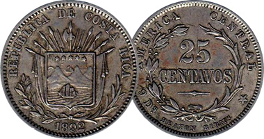Costa Rica 1, 5, 10, 25, and 50 Centavos (Wreath) 1865 to 1893