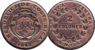 Costa Rica 5, 10, 25, 50 Centimos, and 1, 2 Colones 1920 to 1993