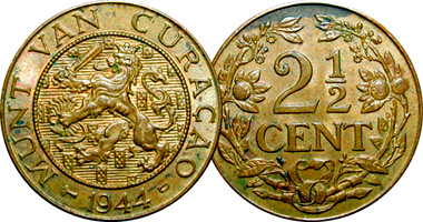 Curacao (Netherlands Antilles) 1 Cent and 2 1/2 Cents 1942 to 1948