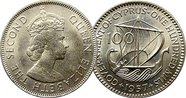 Cyprus 100 Mils 1955 to 1957