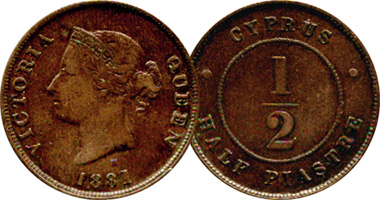 Cyprus 1/4, 1/2 and 1 Piastre 1879 to 1908