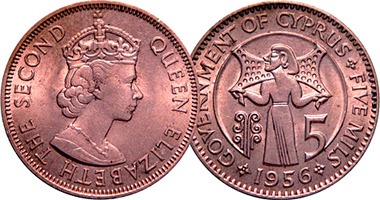 Cyprus 5 Mils 1955 and 1956