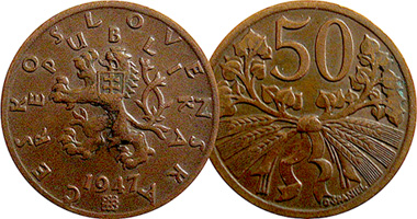 Czechoslovakia 20, 25 and 50 Haleru 1921 to 1953