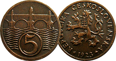 Czechoslovakia 2, 5 and 10 Haleru 1922 to 1938