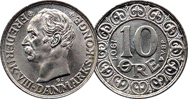Denmark 10 and 25 Ore 1907 to 1912