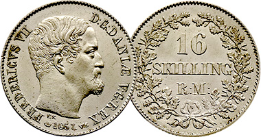 Denmark 4 and 16 Skilling and 1/2, 1, and 2 Rigsdaler 1854 to 1863
