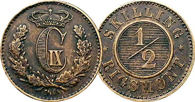 Denmark 1 and 1/2 Skilling Rigsmont (Christian IX) 1867 to 1872