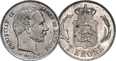 Denmark 1 Krone and 2 Kroner 1875 to 1899