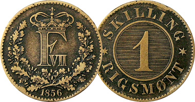Denmark 1/2 and 1 Skilling Rigsmont 1856 to 1863