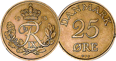 Denmark 1, 2, 5, 10, and 25 Ore 1948 to 1971