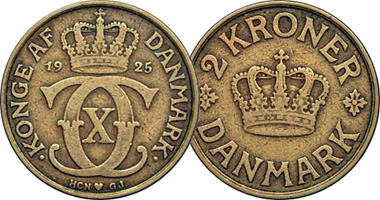 Denmark 1/2 krone, 1 krone, and 2 Kroner 1924 to 1941