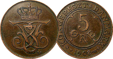 Denmark 1, 2, and 5 Ore 1907 to 1912
