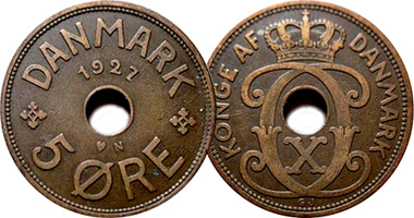 Denmark 1, 2 and 5 Ore 1926 to 1940