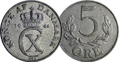 Denmark 1, 2, and 5 Ore 1941 to 1947