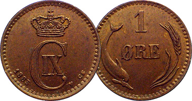 Denmark 1, 2, and 5 Ore 1874 to 1906