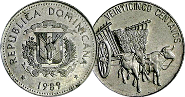 Dominican Republic 25 Centavos (with Oxen) 1989 to 1991
