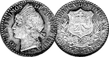 Dominican Republic 50 Centesimos, 1 Franco and 5 Francos 1891