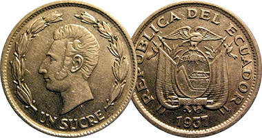 Ecuador 1/2, 1 and 2 Decimos, 50 Centavos, and 1/2, 1, 2, 5, and 10 Sucres 1884 to 1990