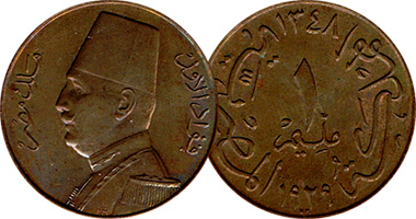 Egypt 1/2, 1, 2, 2 1/2, 5, and 10 Milliemes King Fuad I 1924 to 1935