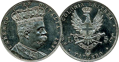 Italy Eritrea 1 Tallero (5 Lire) 1891 to 1896