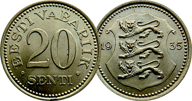 Estonia 10 and 20 Senti 1931 to 1935