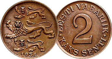 Estonia 1 Sent, 2 Senti, 5 Senti 1929 to 1939