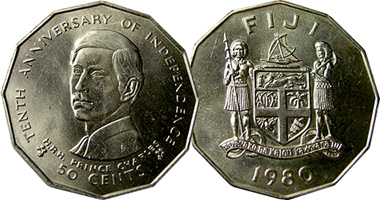 Fiji 50 Cents and 10 Dollars 1980