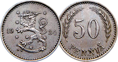 Finland 5, 10, 25, and 50 Pennia and 1 Markka 1918 to 1952