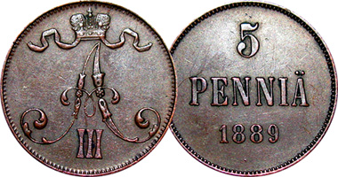 Finland 1, 5, and 10 Pennia 1864 to 1894