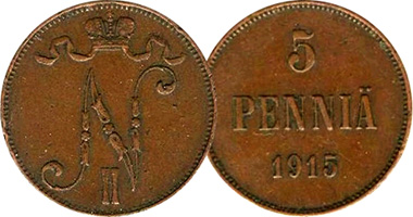 Finland 1, 5, and 10 Pennia 1895 to 1917