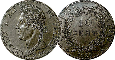 France (French Colonies) 5 and 10 Centimes 1825 to 1844