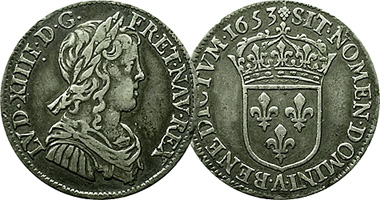 France 1/48, 1/24, 1/16, 1/12, 1/8, 1/4, 1/2, and 1 Ecu (Louis XIV) 1642 to 1689