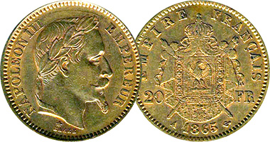 France 20, 50, and 100 Francs 1855 to 1870