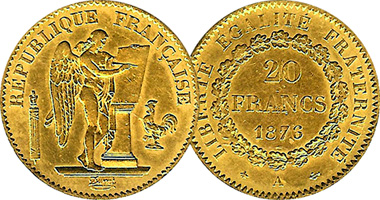 Coin Value France 20 50 and 100 Francs 1871 to 1914