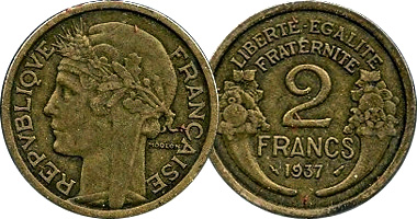 France 50 Centimes and 1 and 2 Francs 1931 to 1959