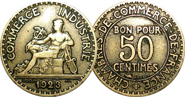 France 50 Centimes, 1 Franc and 2 Francs 1920 to 1929