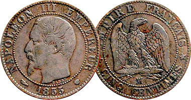 France 1, 2, 5, and 10 Centimes 1852 to 1865