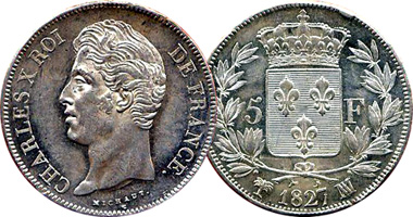 France 1/4, 1/2, 1, 2, and 5 Francs 1824 to 1830