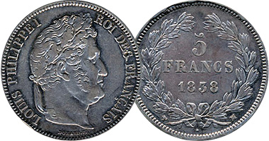 France 25 and 50 Centimes, 1/2, 1, 2, and 5 Francs 1830 to 1848