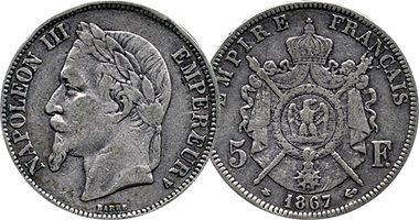 France 1, 2, and 5 Francs 1861 to 1870