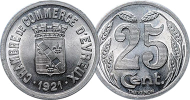France (Evreux) Chambre de Commerce 5, 10, and 25 Centimes 1921