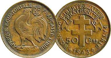 France (Equatorial Africa) 50 Centimes and 1 Franc 1942 and 1943