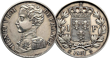 France 1 and 5 Francs, Henri, Pretender Coinage 1831